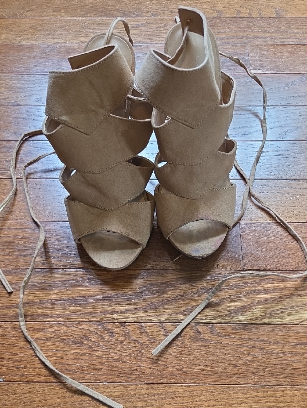 Shoe Dazzle Taupe Lace-Up Open-Toe Heeled Sandals